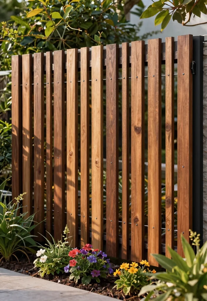 15 Wire and Wood Fence Ideas That Blend Modern and Rustic Styles - 2. Vertical Slat Fence with Wire Accents 1