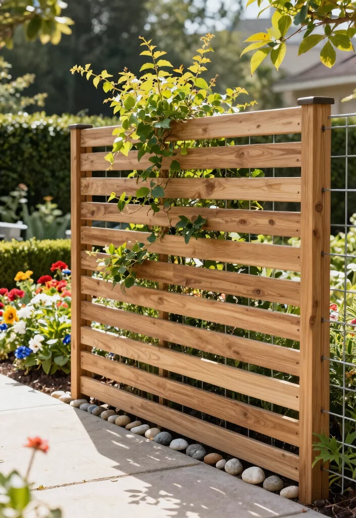 15 Wire and Wood Fence Ideas That Blend Modern and Rustic Styles - 5. Horizontal Slatted Design with Wire Trellis 1