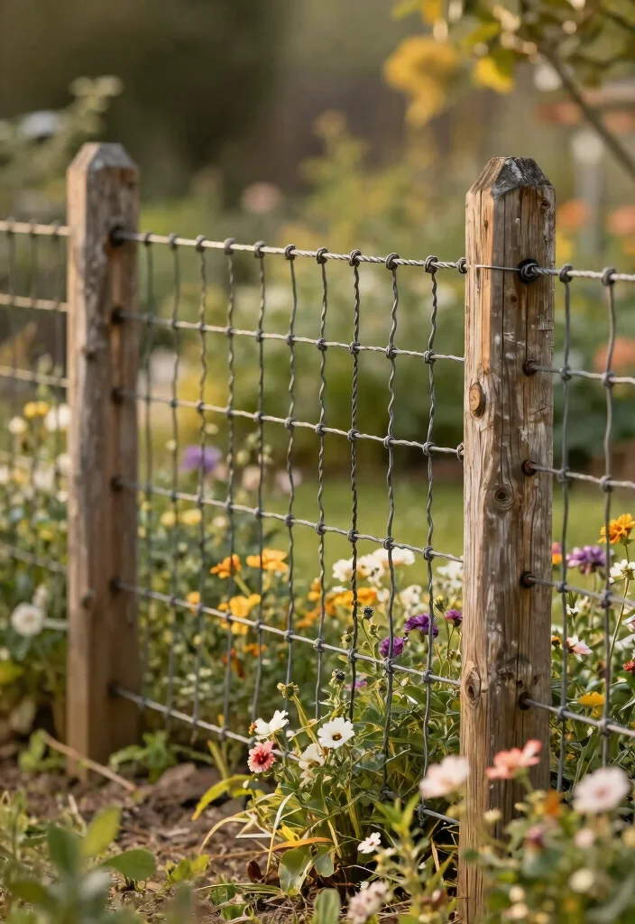15 Wire and Wood Fence Ideas That Blend Modern and Rustic Styles - 6. Vintage Wire Fence with Wooden Posts 1