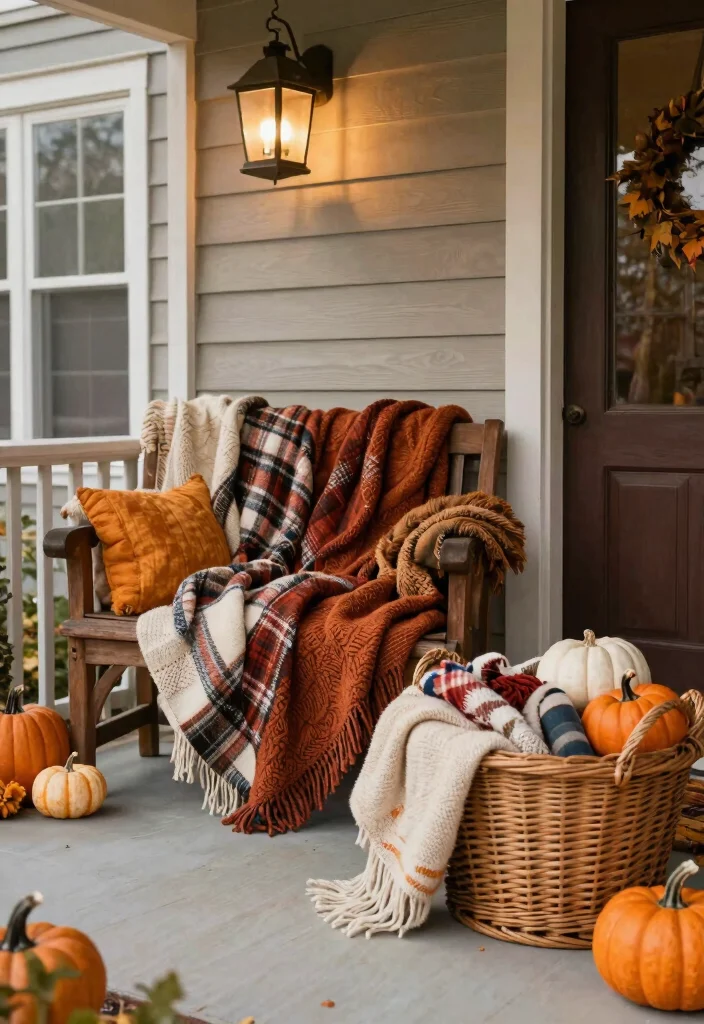 18 Front Porch Fall Decorating Ideas That Last Through Wind and Rain - 10. Layered Textures with Blankets 1