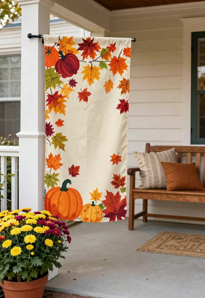 18 Front Porch Fall Decorating Ideas That Last Through Wind and Rain - 11. Seasonal Themed Garden Flags 1