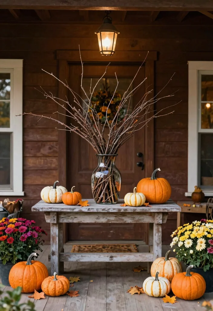 18 Front Porch Fall Decorating Ideas That Last Through Wind and Rain - 14. Natural Elements Like Twigs and Branches 1