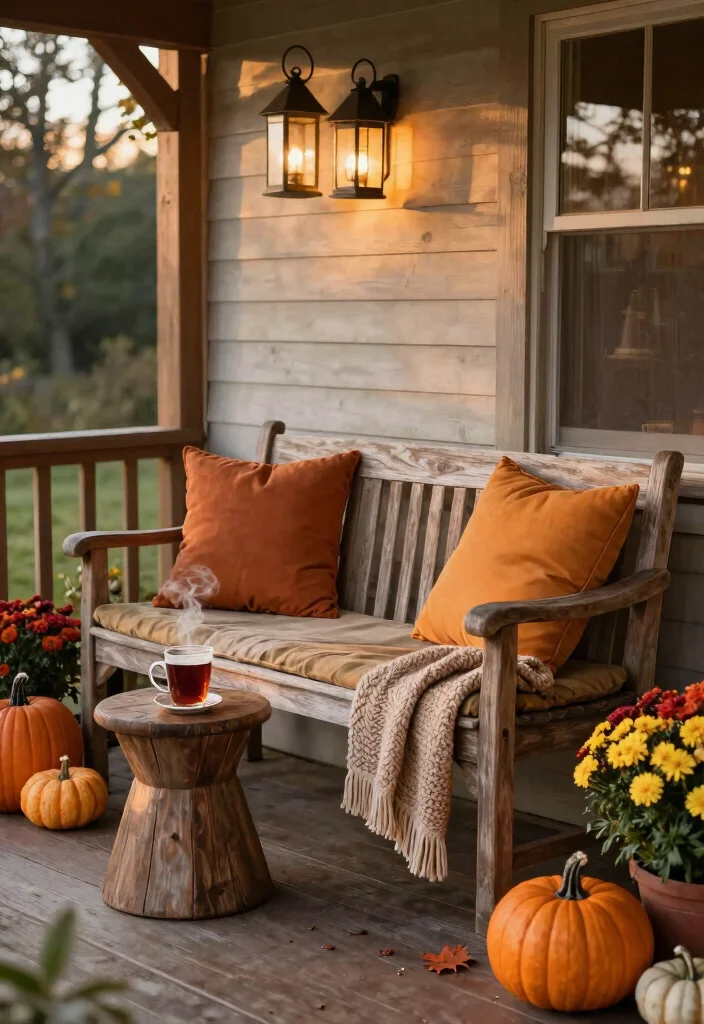 18 Front Porch Fall Decorating Ideas That Last Through Wind and Rain - 3. Cozy Outdoor Seating with Durability 1