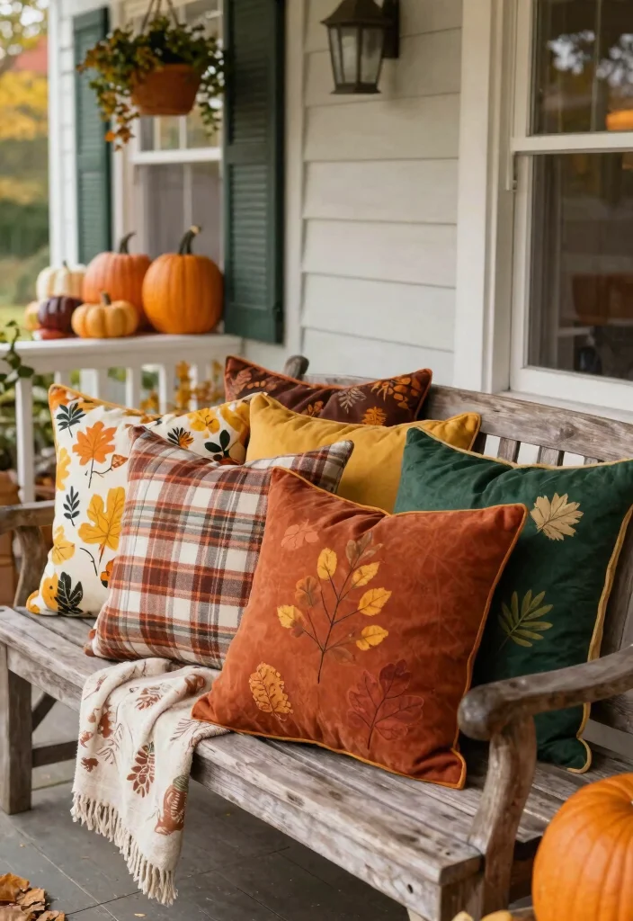 18 Front Porch Fall Decorating Ideas That Last Through Wind and Rain - 7. Vibrant Seasonal Throw Pillows 1