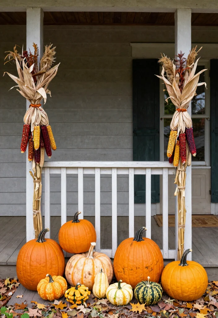 18 Front Porch Fall Decorating Ideas That Last Through Wind and Rain - 8. Colorful Cornstalk Displays 1