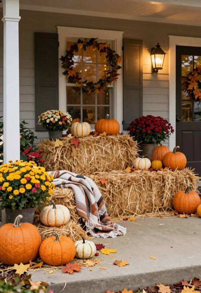 18 Front Porch Fall Decorating Ideas That Last Through Wind and Rain - 9. Decorative Hay Bales 1