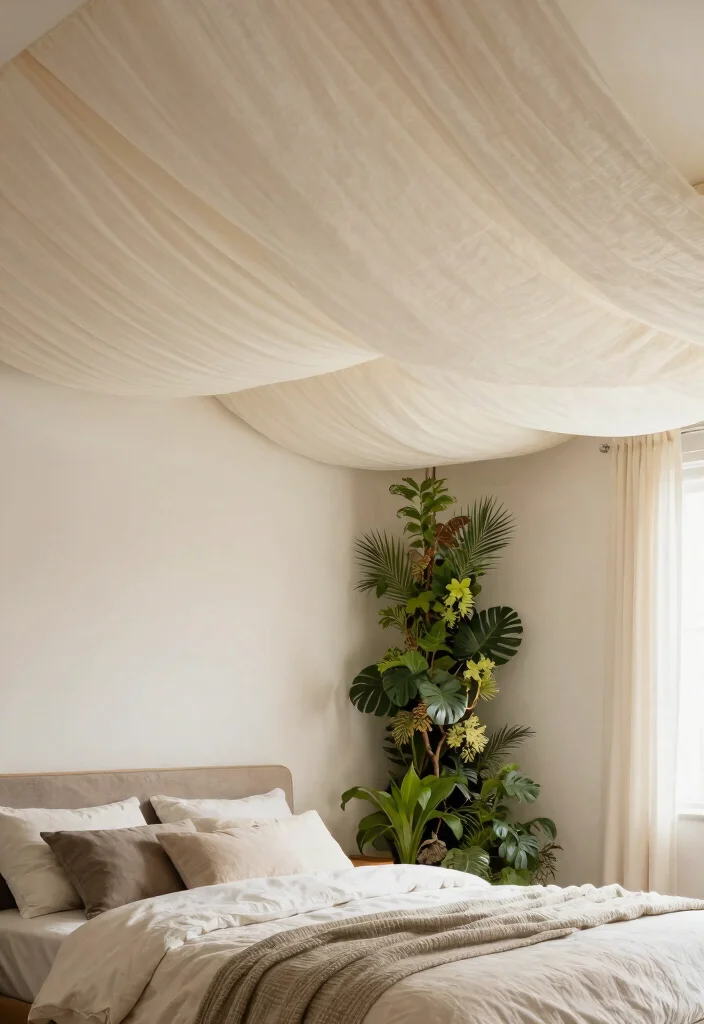 18 Modern Bedroom False Ceiling Design Ideas for Small Spaces - 10. Soft Fabric Drapery 1