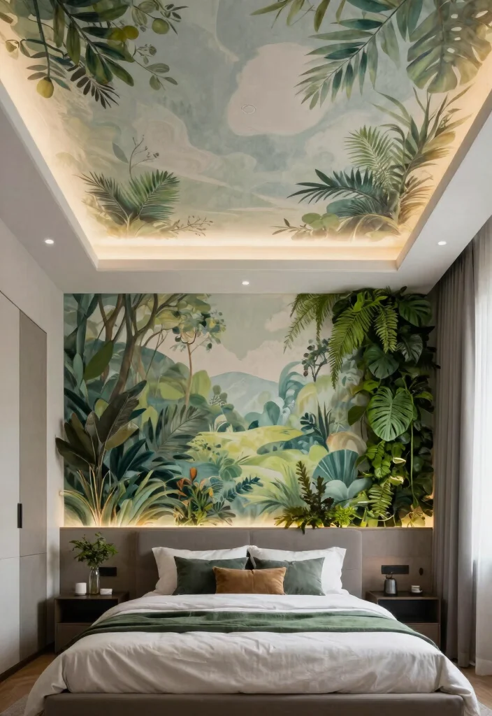 18 Modern Bedroom False Ceiling Design Ideas for Small Spaces - 11. Artistic Mural Integration 1