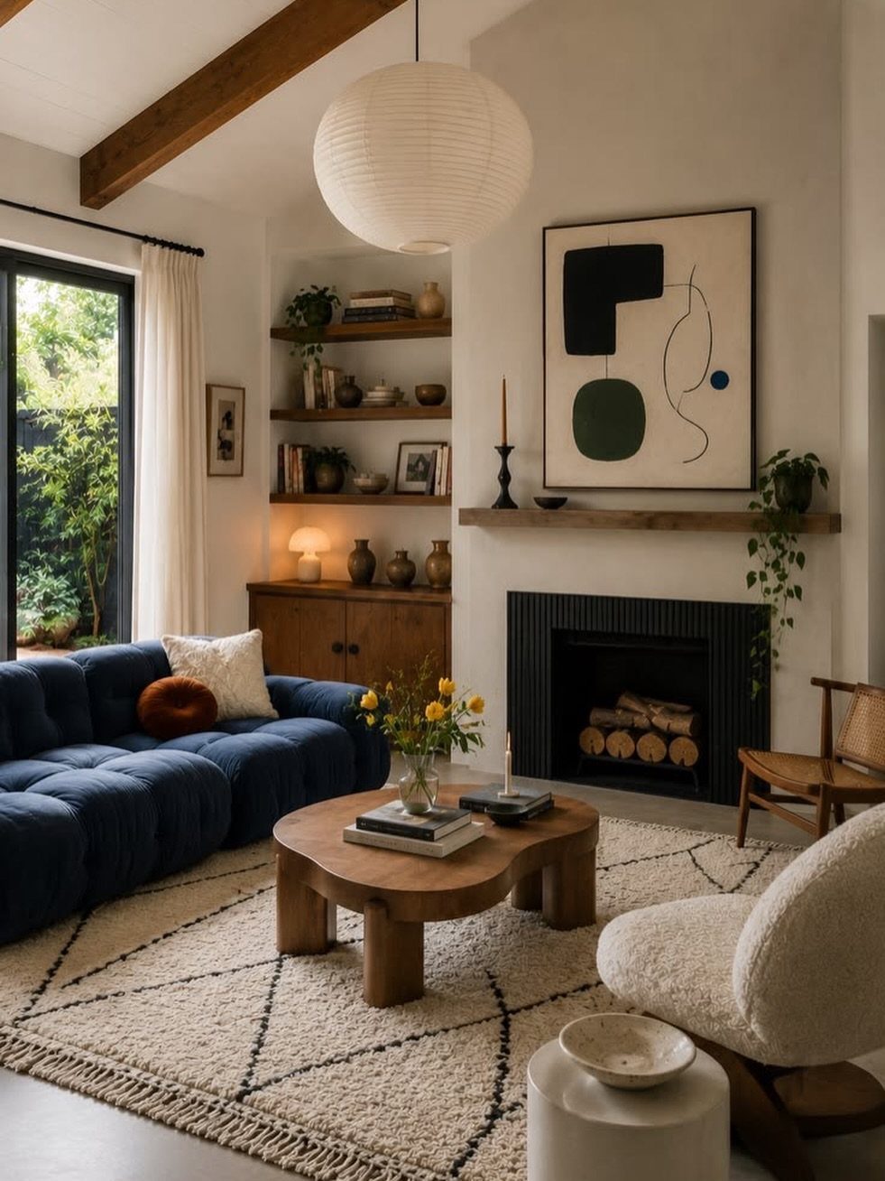 Deep blue tufted sofa in a modern living room with a wooden coffee table.
