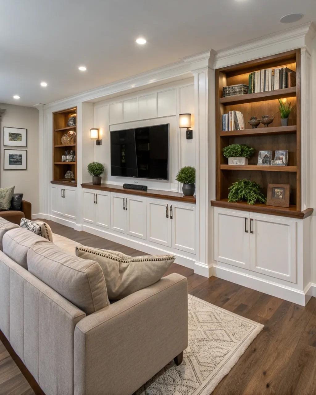 White built-in entertainment center with wooden shelving, a television, and lower cabinets in a living room.