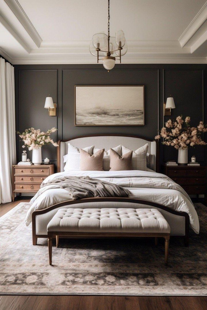 A bedroom with a dark charcoal accent wall, a large bed, and a tufted bench.