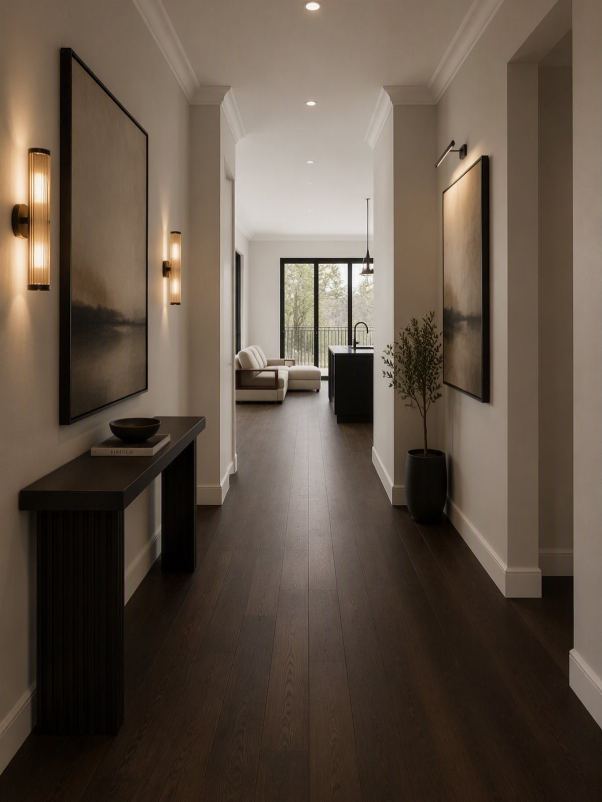 Dark hardwood floor planks running through a modern, minimalist hallway toward a bright living room.