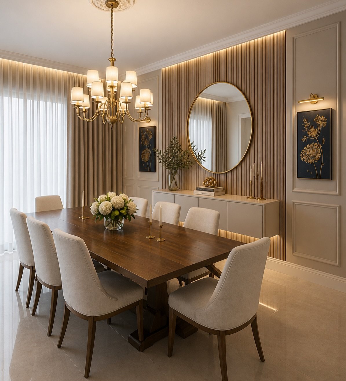 Dining room with a wooden table, white chairs, and an oval mirror on a wood-slat wall.