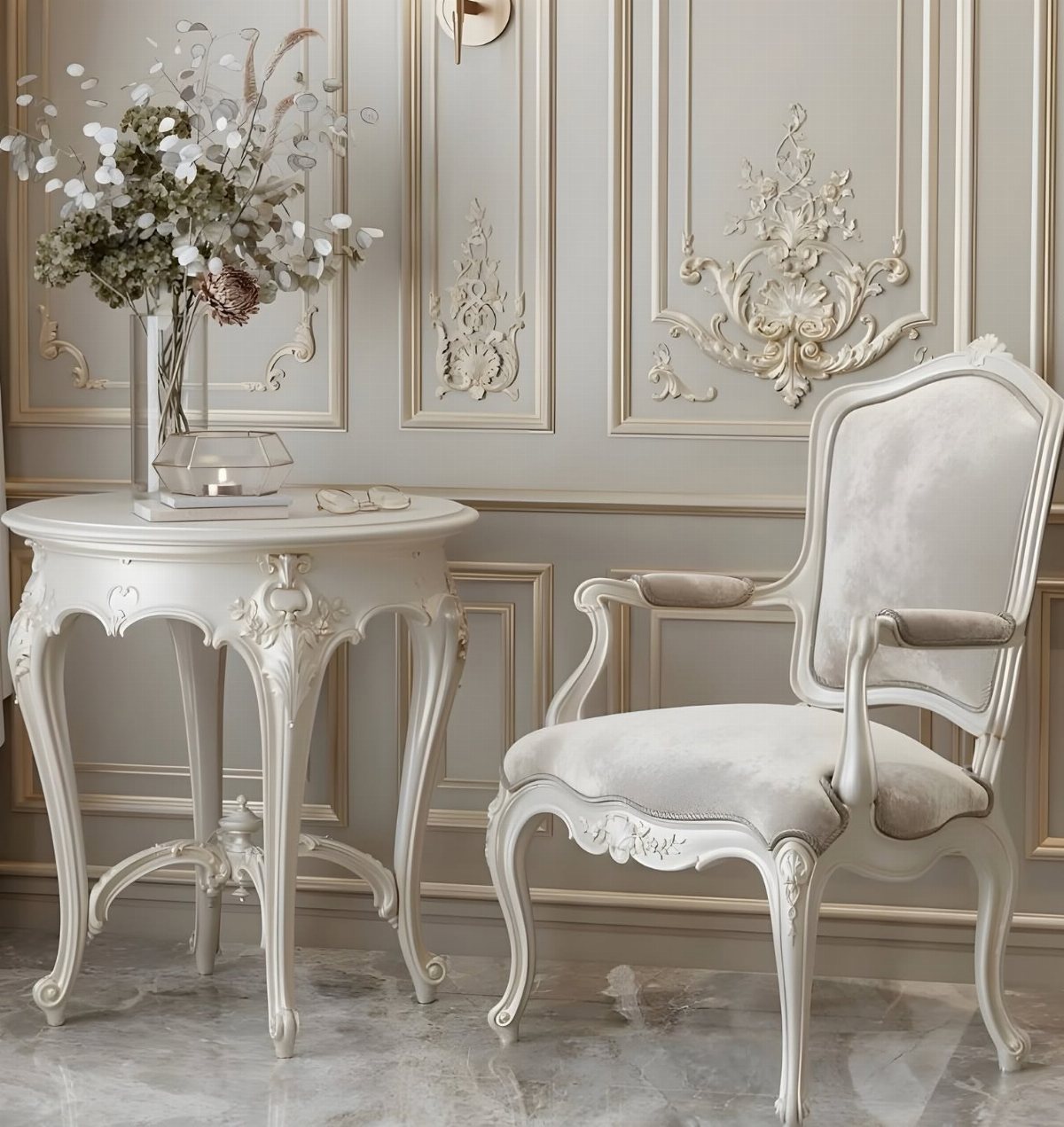 Ornate white wall molding with decorative carvings on a grey wall next to vintage furniture.