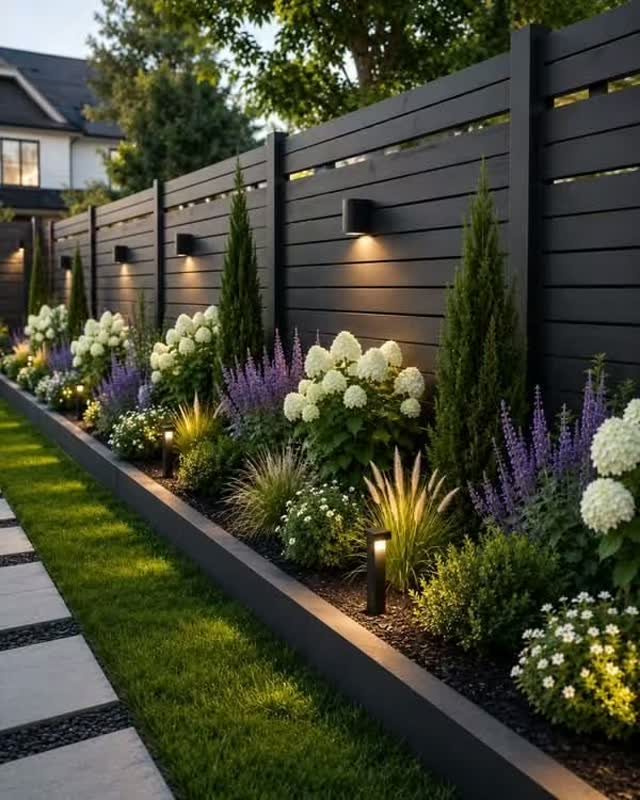 Dark horizontal slat fence bordering a lush garden with white hydrangeas and purple flowers.