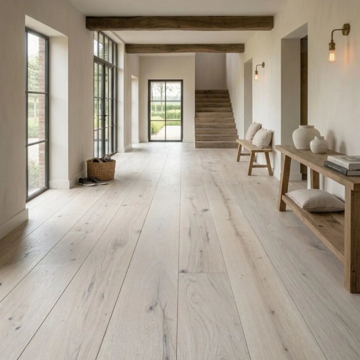 Light wooden floor planks stretching through a bright, modern hallway with white walls and large windows.