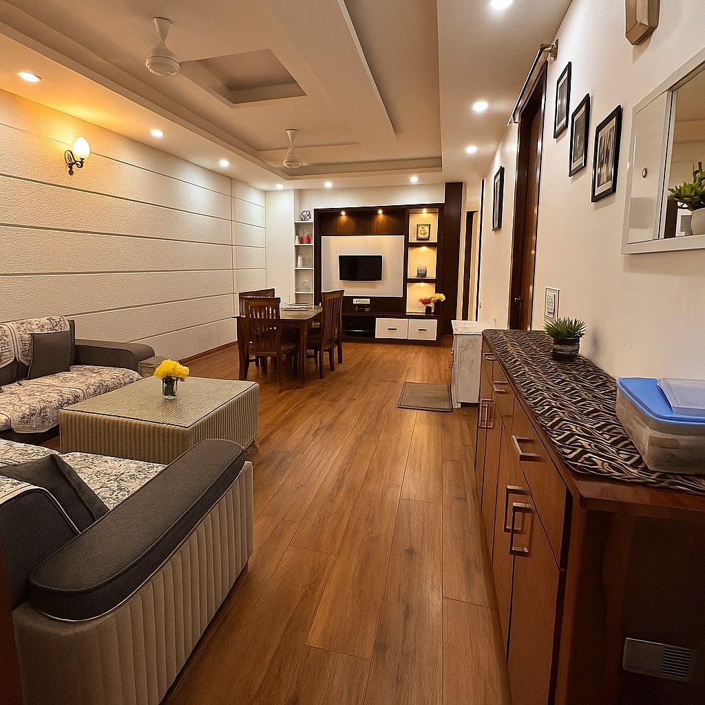 Warm hardwood plank flooring stretching through a modern living and dining room area.