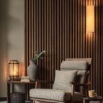 Vertical dark wood slat wall paneling behind a mid-century modern armchair and side table.