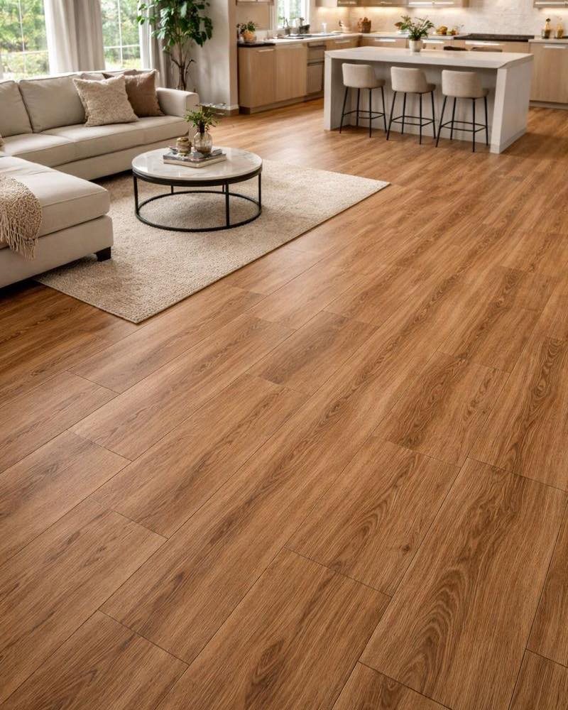 Warm brown wood-look plank flooring in a modern open-plan living room and kitchen area.
