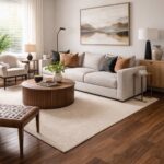 Dark warm wood plank flooring in a modern living room with a sofa and coffee table.