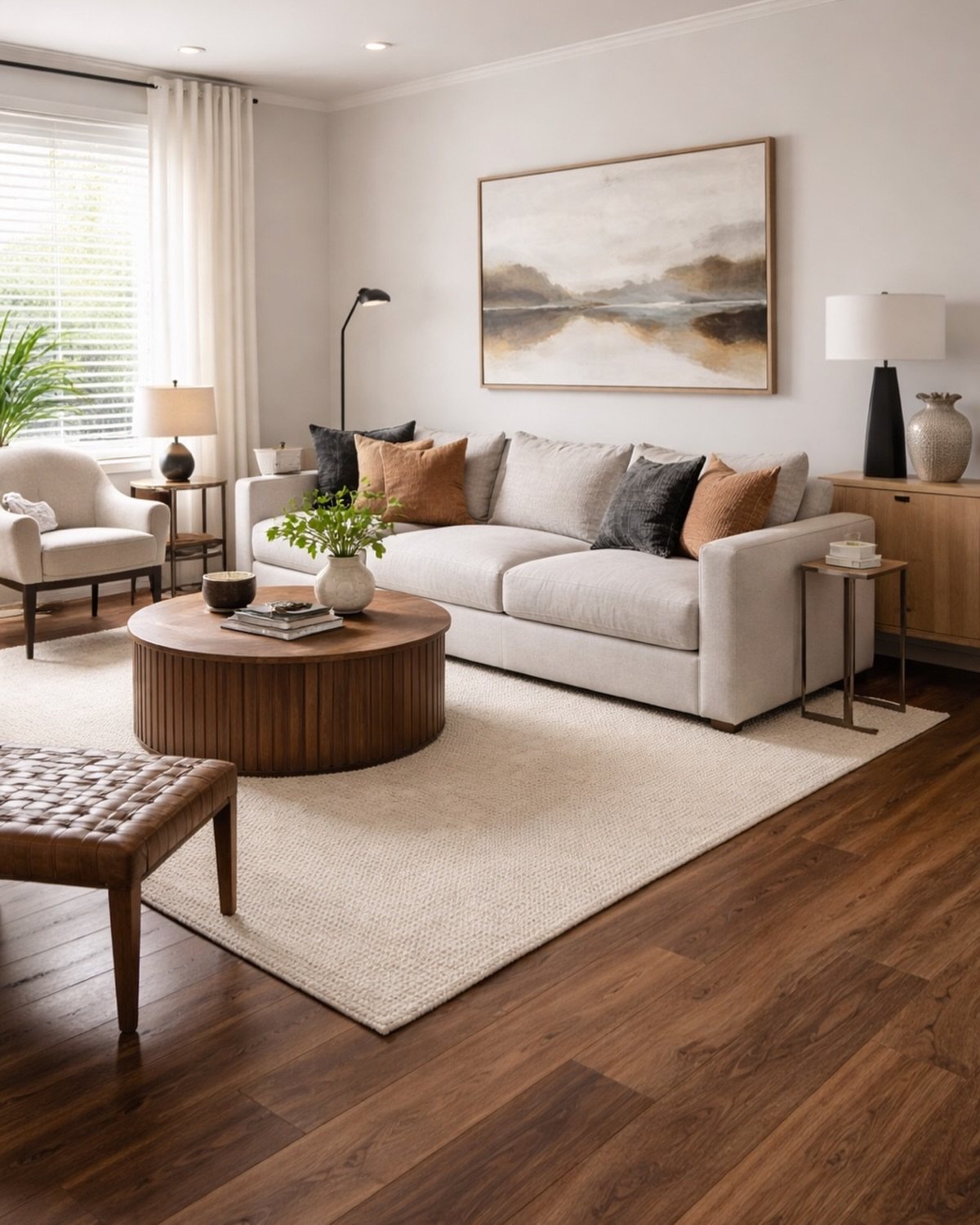 Dark warm wood plank flooring in a modern living room with a sofa and coffee table.
