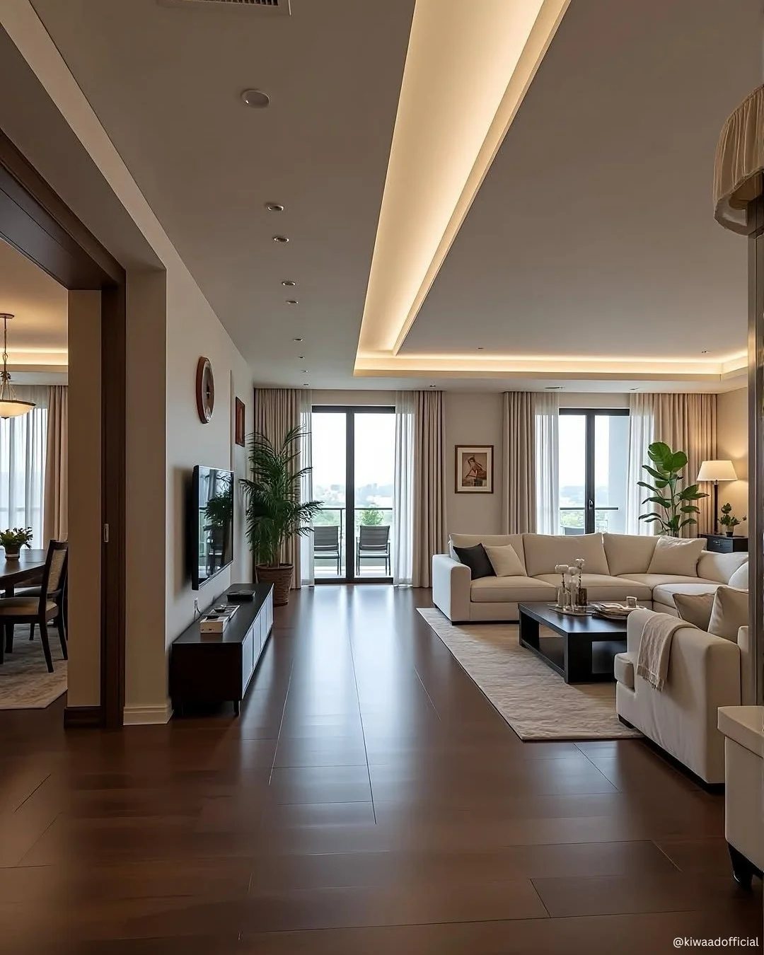 Dark brown wood flooring in a modern, brightly lit living room with white furniture.