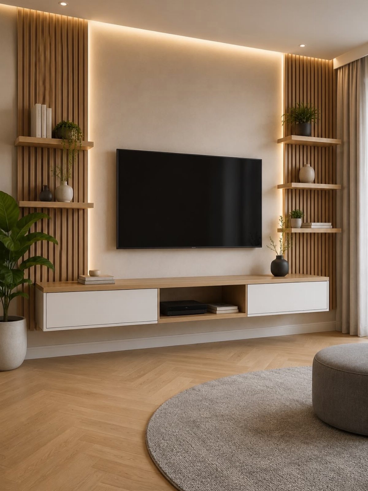 Vertical wood slat panels with integrated lighting and floating shelves flanking a television in a living room.